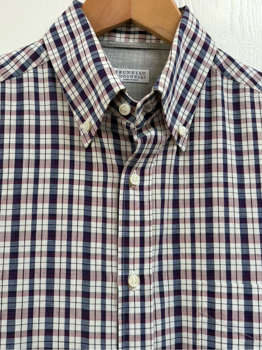 Brunello Cucinelli White, Navy & Burgundy Plaid Button-Down Shirt